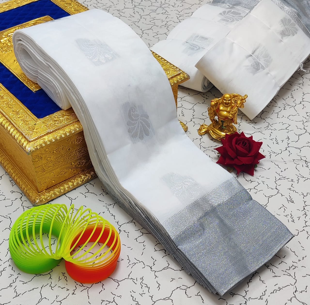 Silver Jari with Leaf Border and Mango Butta Work Cotton Silk  Saree